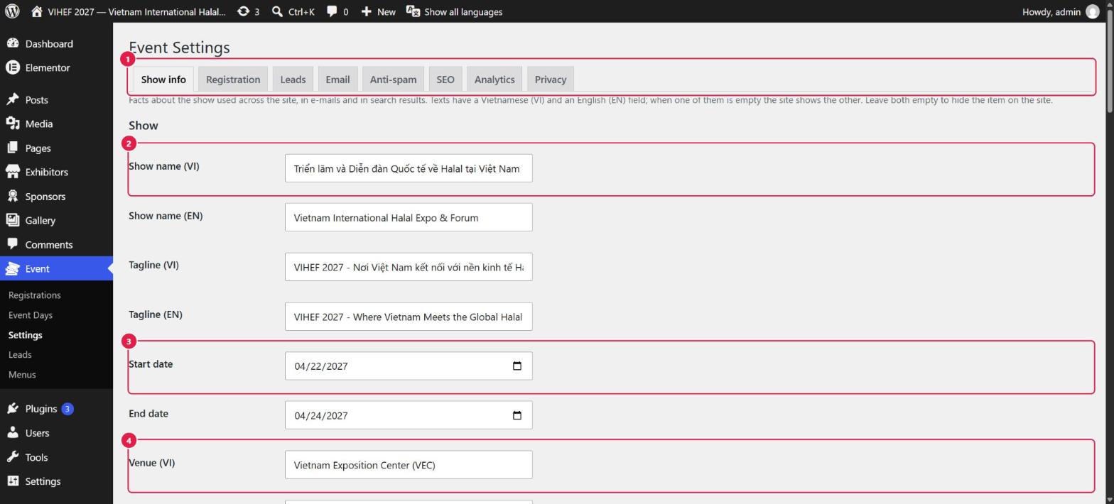 Trang Event Settings tab Show info với các ô Show name VI/EN, Tagline, Start date, End date, Venue