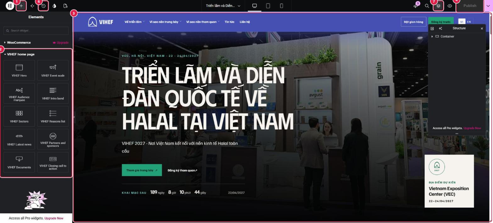 Giao diện Elementor: cột bên trái chứa các khối VIHEF, bên phải là trang đang sửa, nút Publish ở góc trên bên phải