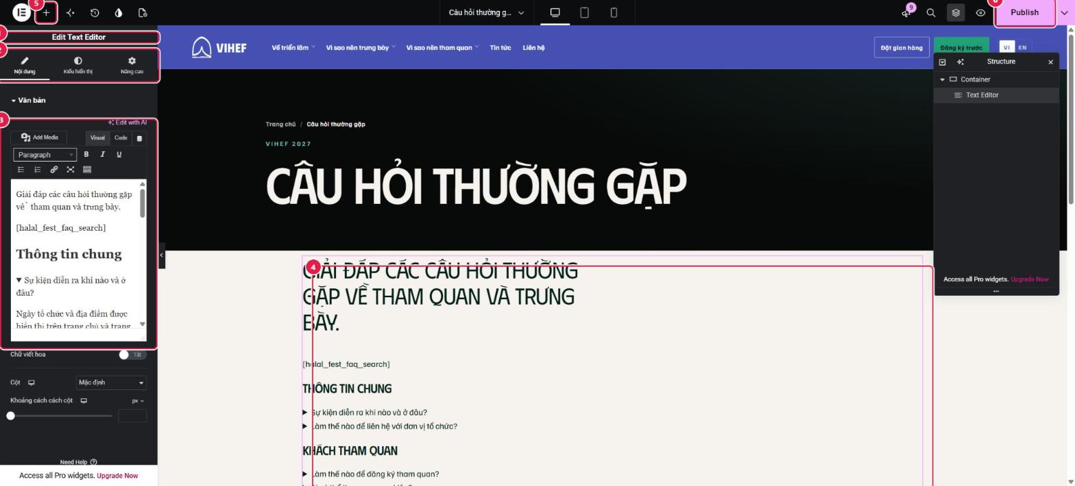 Bảng sửa Text Editor ở bên trái chứa nội dung trang; bên phải là trang với tiêu đề và nội dung