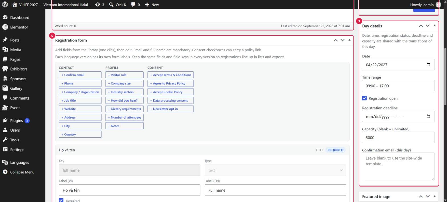 Hộp Registration form với thư viện ô có sẵn ở trên và danh sách ô đang dùng bên dưới; cột phải là Day details