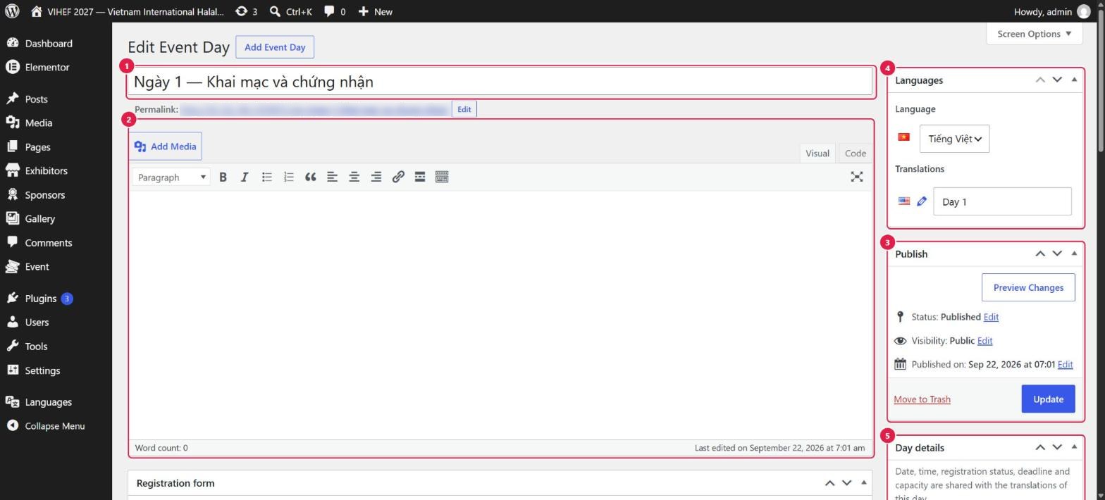Màn hình sửa Event Day với tiêu đề, ô soạn mô tả, hộp Languages, Publish và Day details